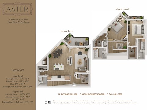 Floor plan for 2 beds, 2.5 baths, 1807 sqft